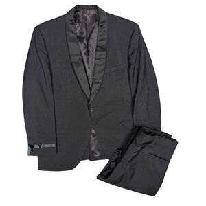 Vintage Bespoke 1960s Tuxedo Wool 2pc Satin Shawl Collar Black 42R 38x29